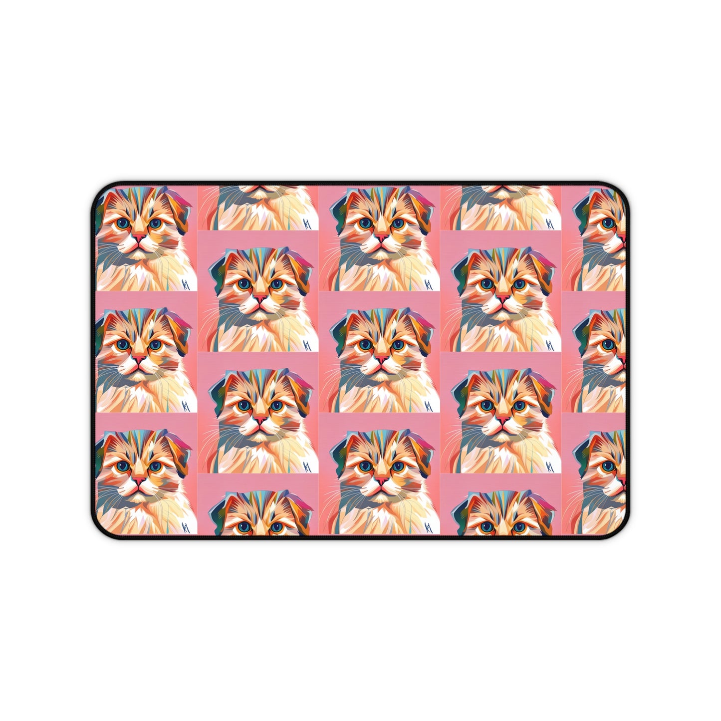 Colorful custom desk mat featuring playful cat illustrations on a pink background.