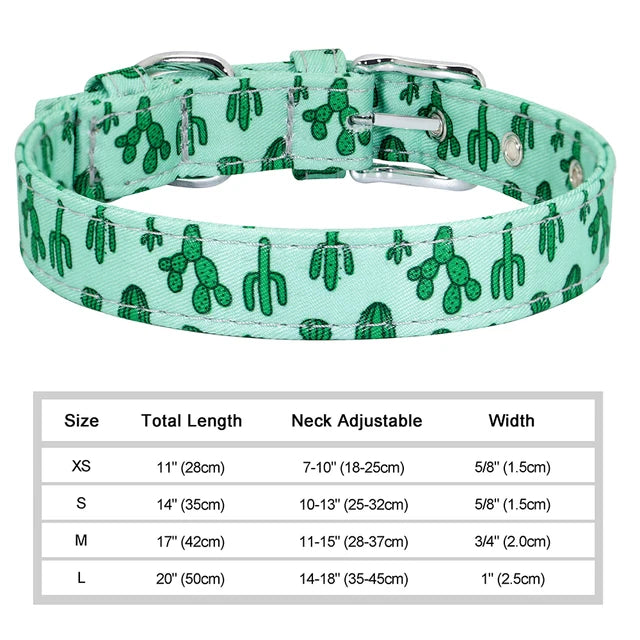 Floral Printed Adjustable Dog Collar - Green Cactus / XS