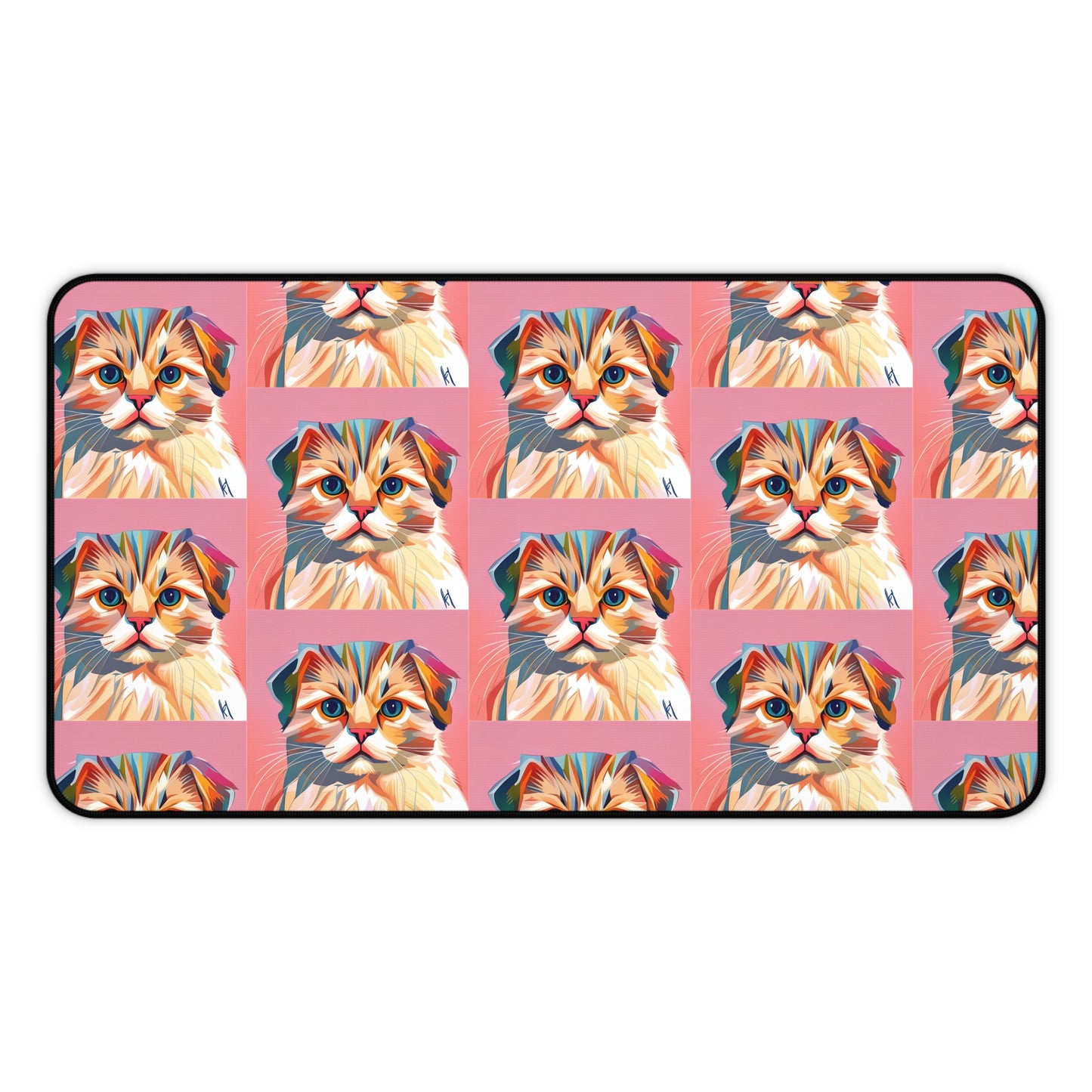 Colorful custom desk mat featuring a collage of cat faces on a pink background.