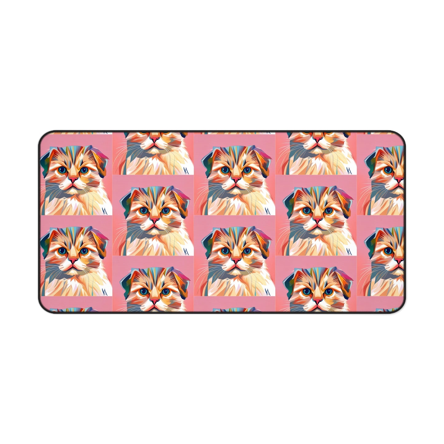 Colorful desk mat featuring adorable cat illustrations on a pink background.