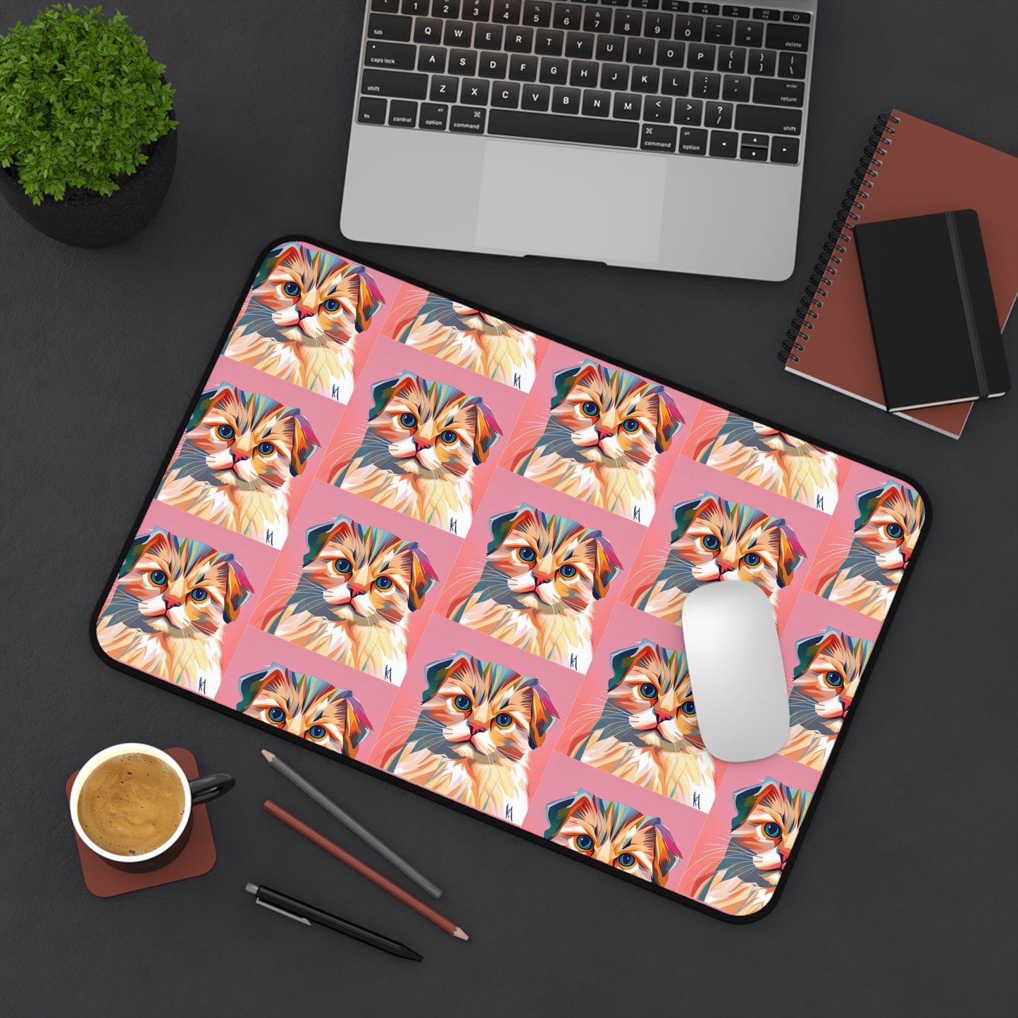Custom desk mat featuring colorful cat illustrations, perfect for personalizing your workspace.