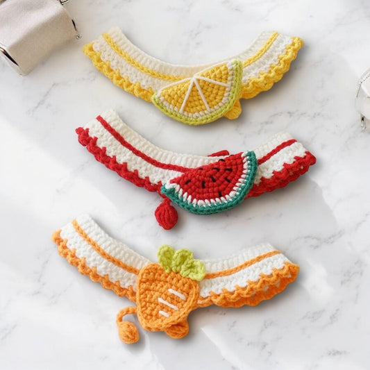 Lemon, watermelon and carrot decorated pet collars.